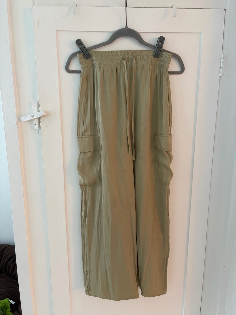 Olive Green Wide Leg silk Cargo Pants